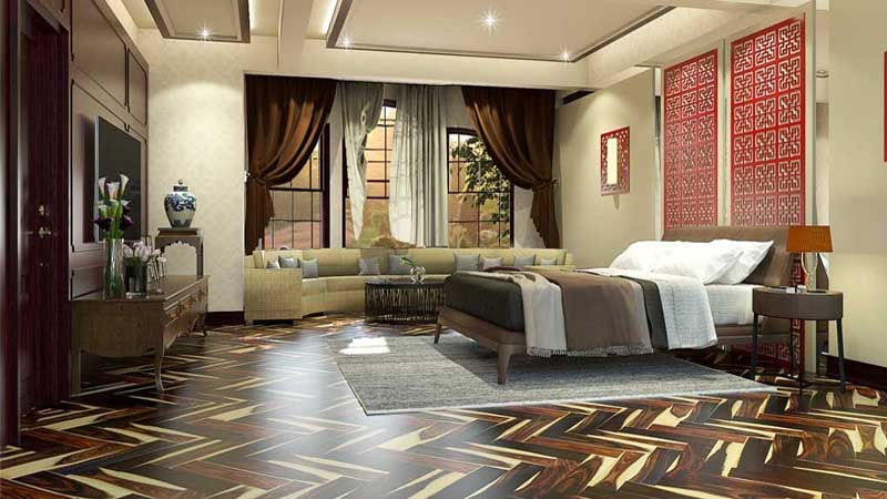 inspirasi lantai kayu sonokeling di kamar tidur modern